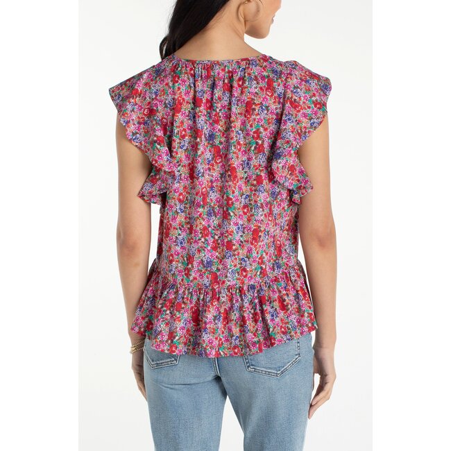 Liverpool Los Angeles Flutter Sleeve Peplum Top - Pink Multi Floral