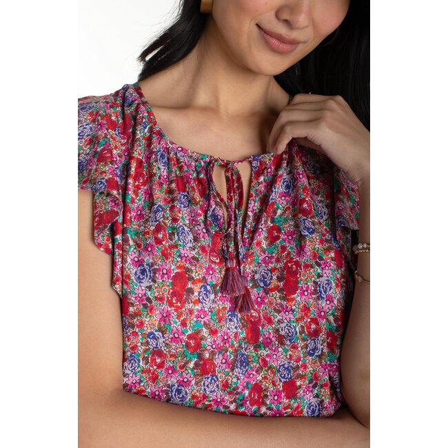 Liverpool Los Angeles Flutter Sleeve Peplum Top - Pink Multi Floral