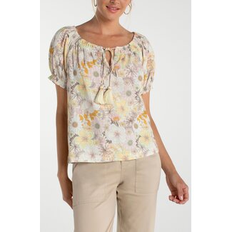 Liverpool Los Angeles Short Sleeve Tie-Neck Top In Pristine - Multi