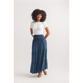 Papillon Tiered Embroidered Convertible Maxi Skirt In Indigo