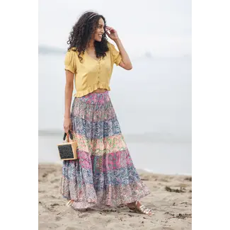 Papillon Tiered Multi Printed Maxi Skirt In Pink
