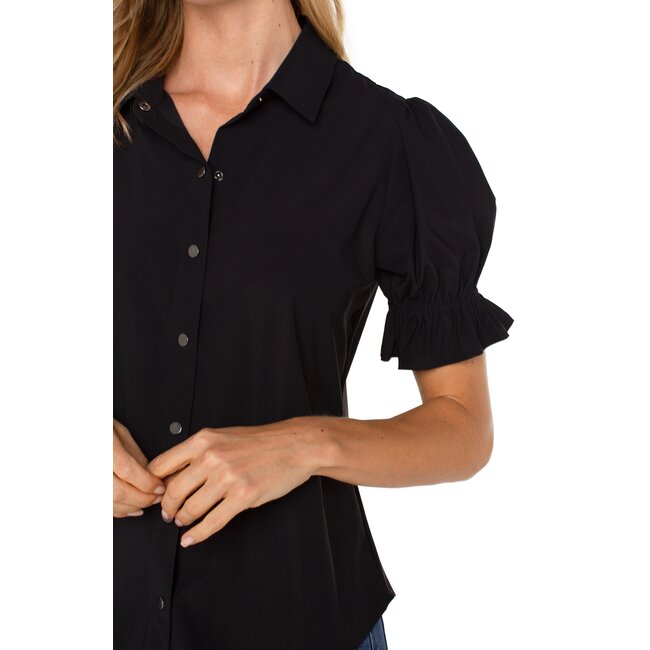 Liverpool Los Angeles Elbow Puff Sleeve Snap Front Knit Shirt In Black