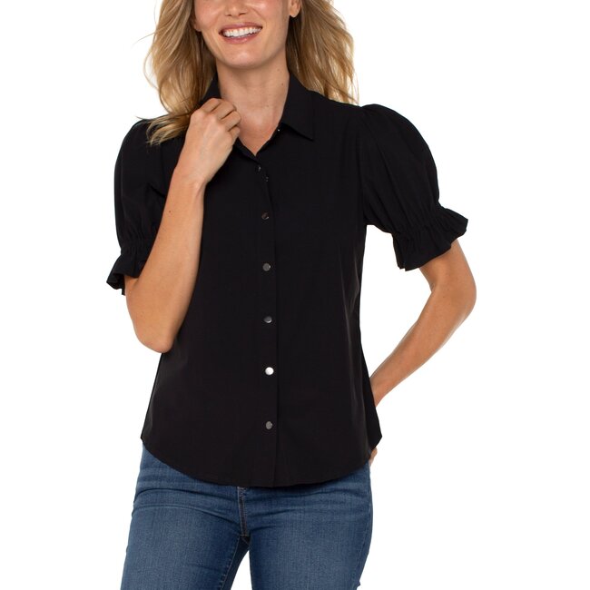 Liverpool Los Angeles Elbow Puff Sleeve Snap Front Knit Shirt In Black