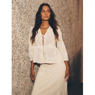 Apricot Embroidered Chiffon Peplum Top in Cream