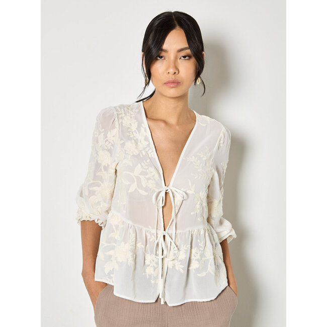 Apricot Embroidered Chiffon Peplum Top in Cream
