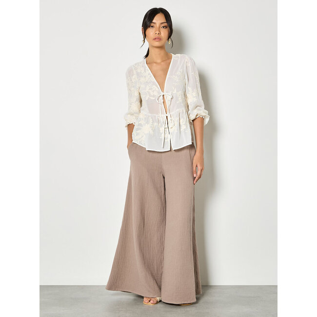 Apricot Embroidered Chiffon Peplum Top in Cream