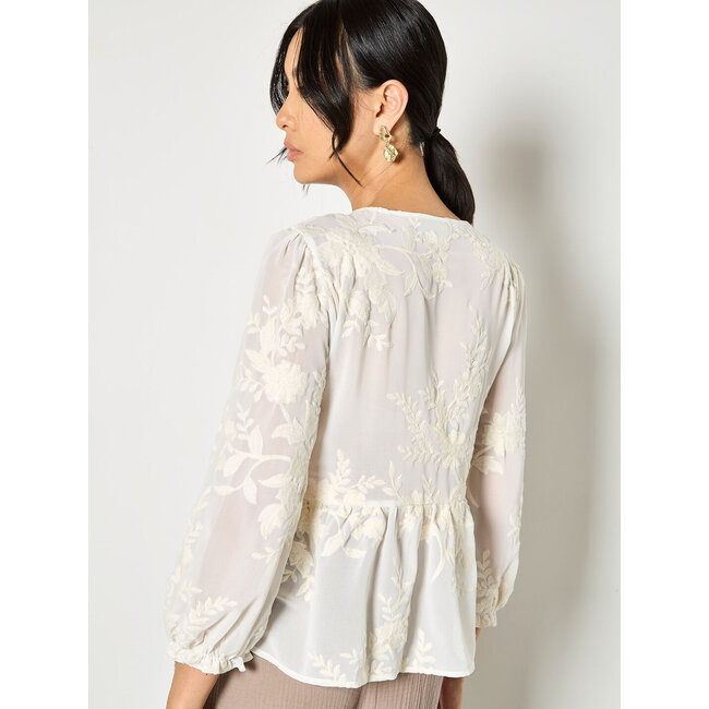 Apricot Embroidered Chiffon Peplum Top in Cream