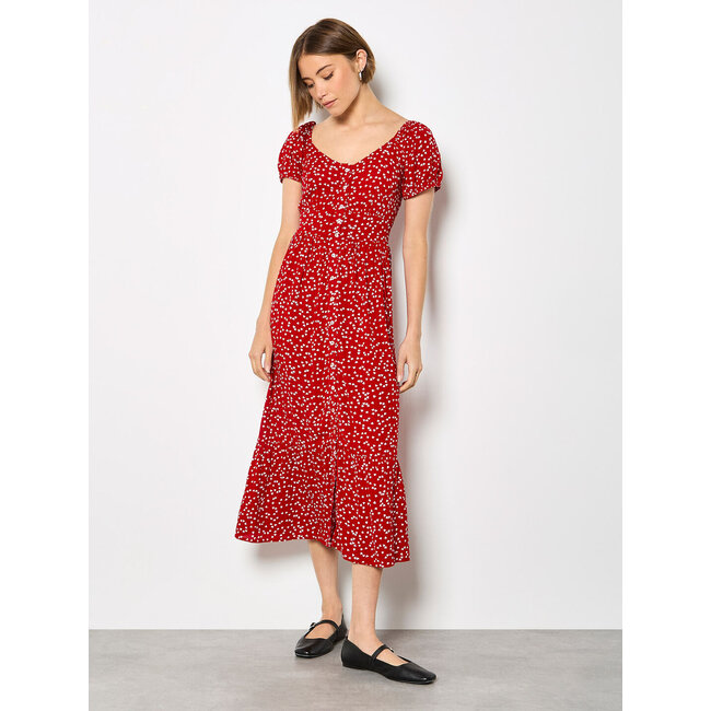 Apricot Mini Heart Button Midi Dress in Red
