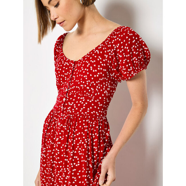 Apricot Mini Heart Button Midi Dress in Red