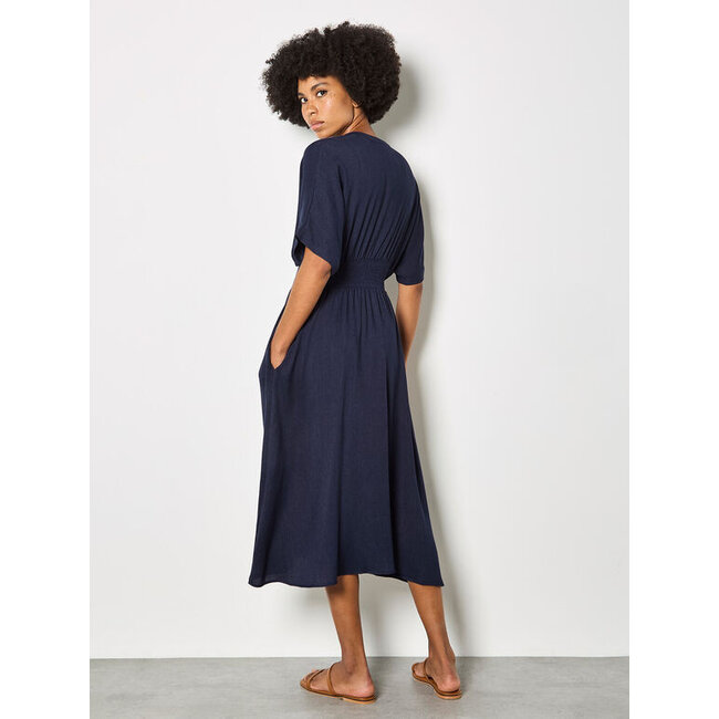 Apricot Pleated Waist Mini Shirt Dress in Navy