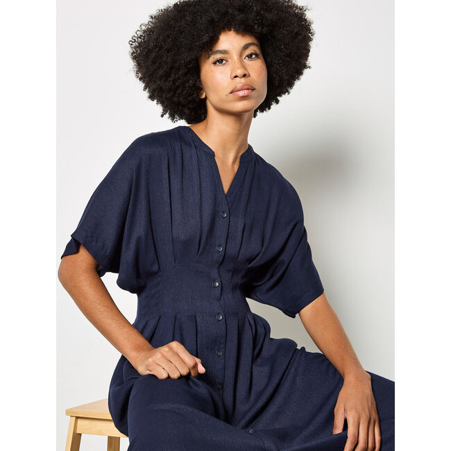 Apricot Pleated Waist Mini Shirt Dress in Navy