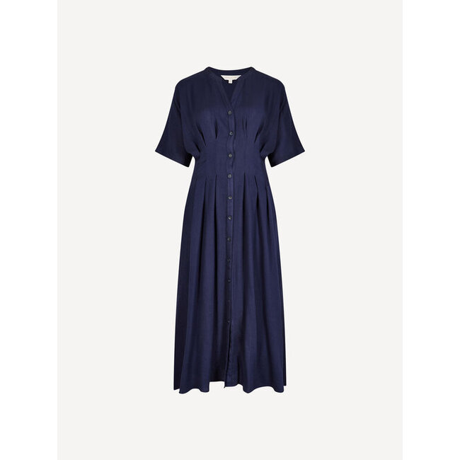 Apricot Pleated Waist Mini Shirt Dress in Navy