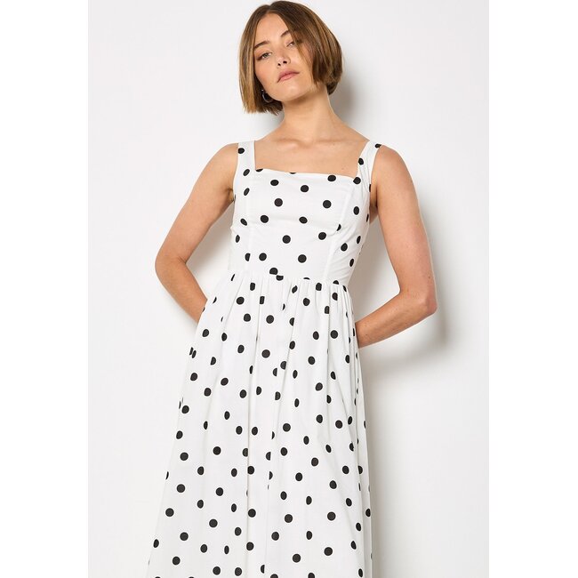 Apricot Polka Dot A-Line Midi Dress in Black