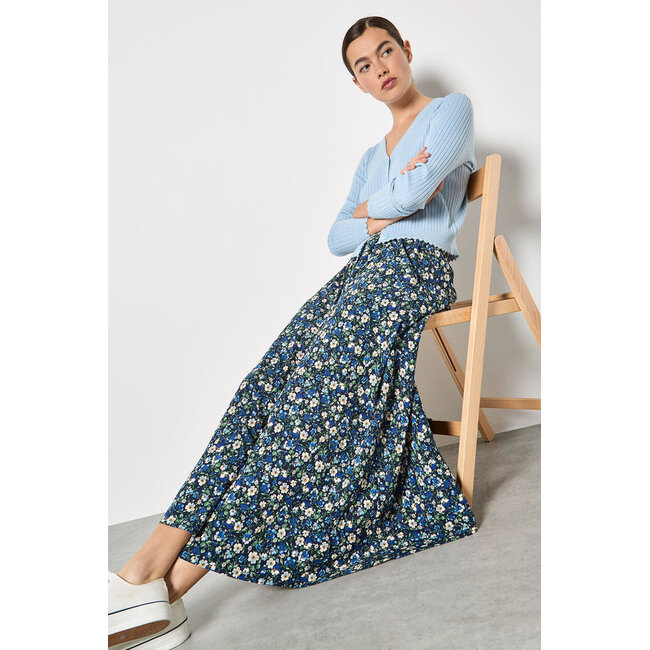 Apricot Floral Print A-Line Midaxi Skirt in Navy