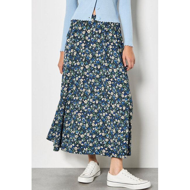 Apricot Floral Print A-Line Midaxi Skirt in Navy