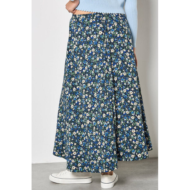 Apricot Floral Print A-Line Midaxi Skirt in Navy