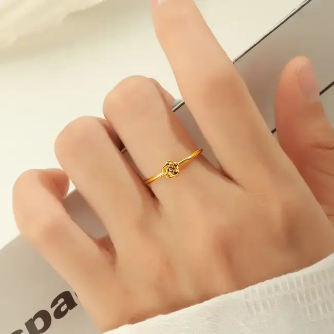 Dainty Gold Rose Flower Stacking Ring in Stainless Steel