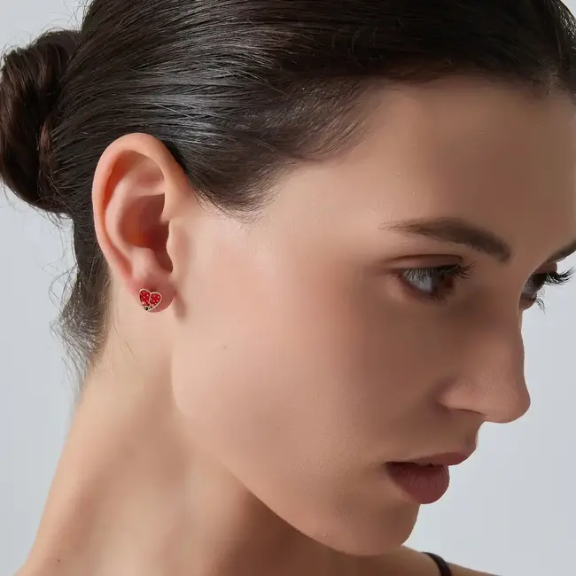 Tiny Red Heart Ladybug Stud Earrings