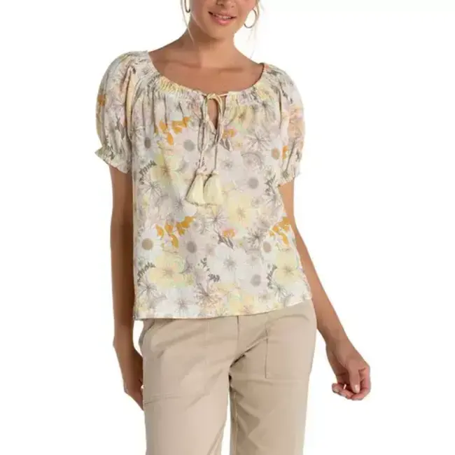 Liverpool Los Angeles Short Sleeve Tie-Neck Top In Pristine - Multi