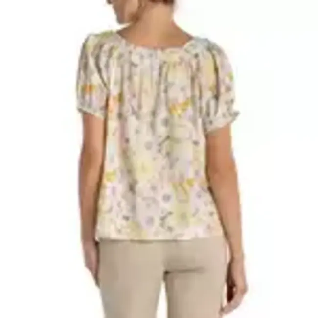 Liverpool Los Angeles Short Sleeve Tie-Neck Top In Pristine - Multi