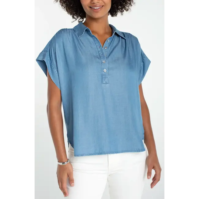 Liverpool Los Angeles Popover Shirt with Shirring In Sunlight Blue