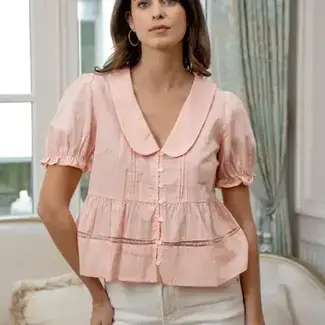 V-Neck Peter Pan Collar Top With Lace