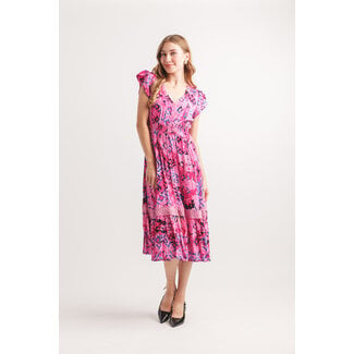 Papillon Fuchsia Bright Geo Print Short Sleeve Dress