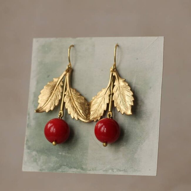Silk Purse, Sow's Ear Vintage Brass Red Cherry Earrings