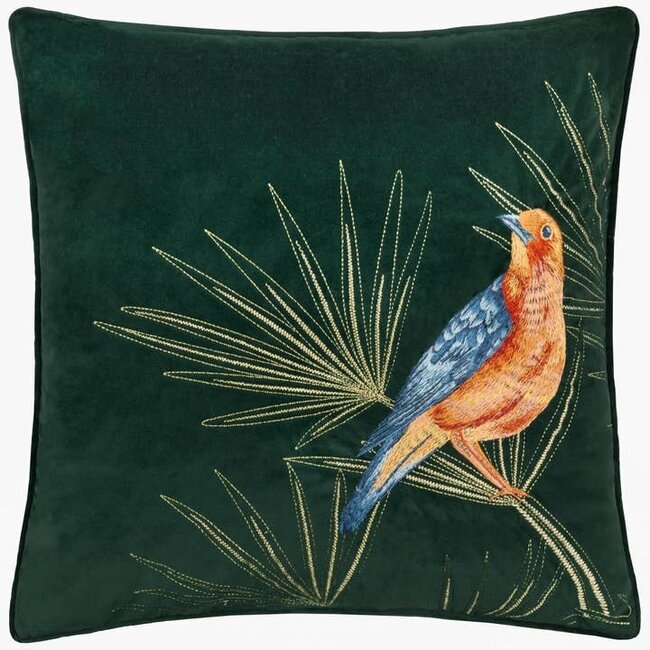 Odisha Exotic Bird Embroidered Cushion Emerald