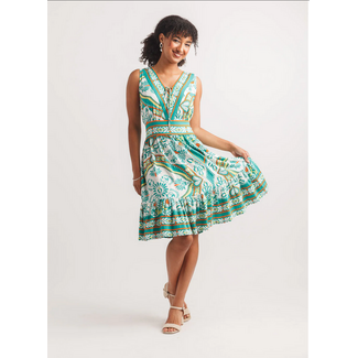 Papillon Boho Printed V Neck Dress with Tie Detail