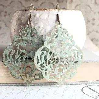 A Pocket of Posies Big Damask Filigree Earrings in  Sage Patina