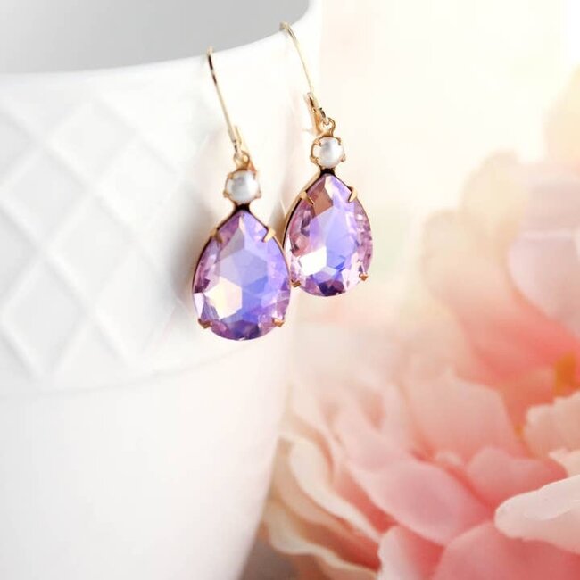 A Pocket of Posies Earrings in  Lavender Mauve Glass and Pearl