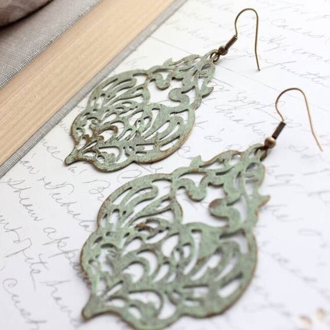 A Pocket of Posies Big Damask Filigree Earrings in  Sage Patina