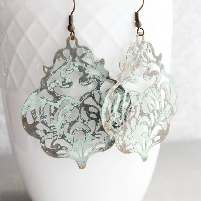 A Pocket of Posies Big Damask Filigree Earrings in  Sage Patina
