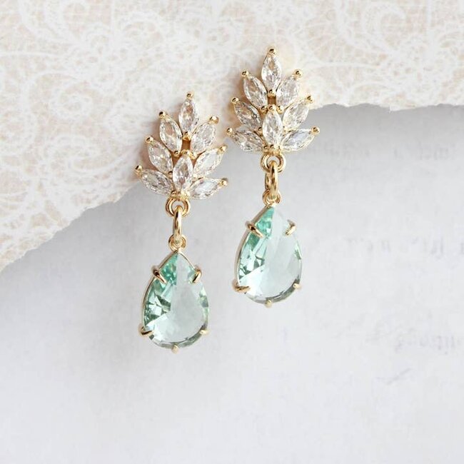 A Pocket of Posies Glass Leaf Earrings - Rhinestone Studs in Gold