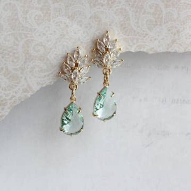 A Pocket of Posies Glass Leaf Earrings - Rhinestone Studs in Gold
