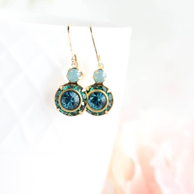 A Pocket of Posies Art Deco Floral Earrings - Dark Teal & Emerald Green Glass