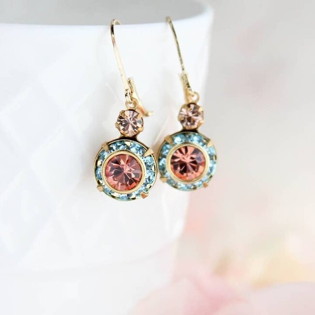 A Pocket of Posies Art Deco Floral Earrings - Light Peach & Aquamarine
