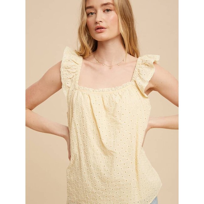 In Loom Eyelet Flutter Sleeve Cotton Blouse In Buttercream