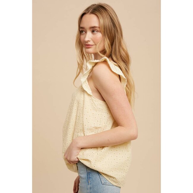 In Loom Eyelet Flutter Sleeve Cotton Blouse In Buttercream
