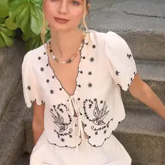 Bird Embroidery Short Sleeve Front Tie Top