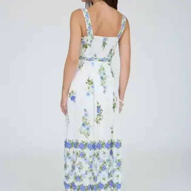 Floral Border Pattern Belt Strap Midi Dress