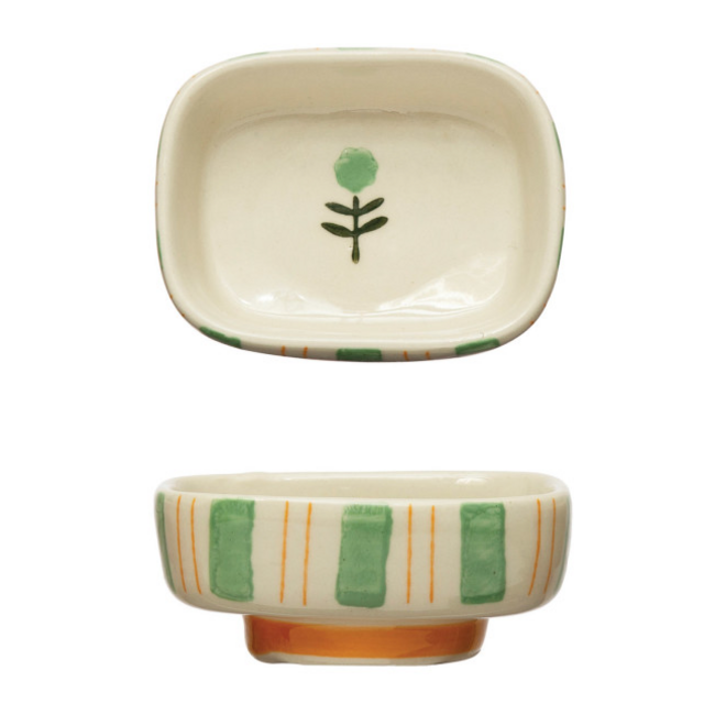 Hand-Painted Stoneware Dish with Stripes & Flower