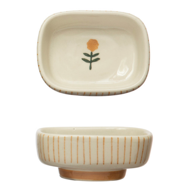 Hand-Painted Stoneware Dish with Stripes & Flower