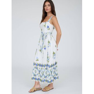 Floral Border Pattern Belt Strap Midi Dress