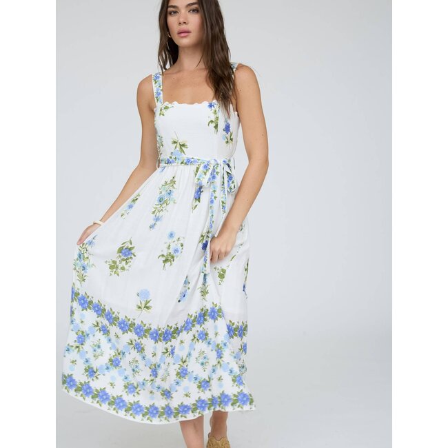 Floral Border Pattern Belt Strap Midi Dress