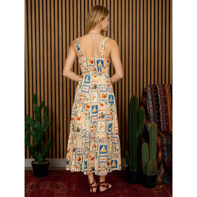 Marine Motif Front Tie Smocked Waist Midi Dress