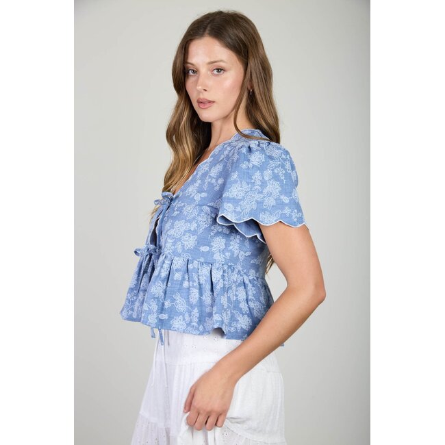 Floral Embroidery Front Tie Scalloped Peplum Top