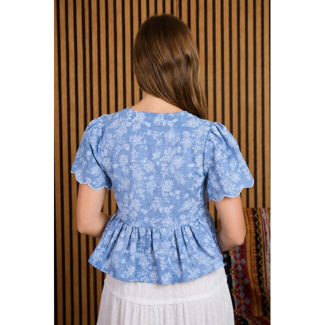 Floral Embroidery Front Tie Scalloped Peplum Top
