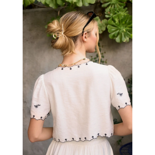 Bird Embroidery Short Sleeve Front Tie Top